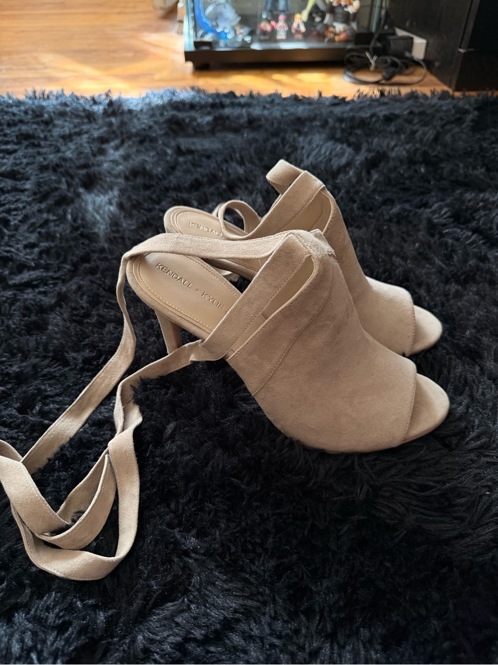 Kendall & Kylie Taupe Suede Lace-Up Peep Toe Heels